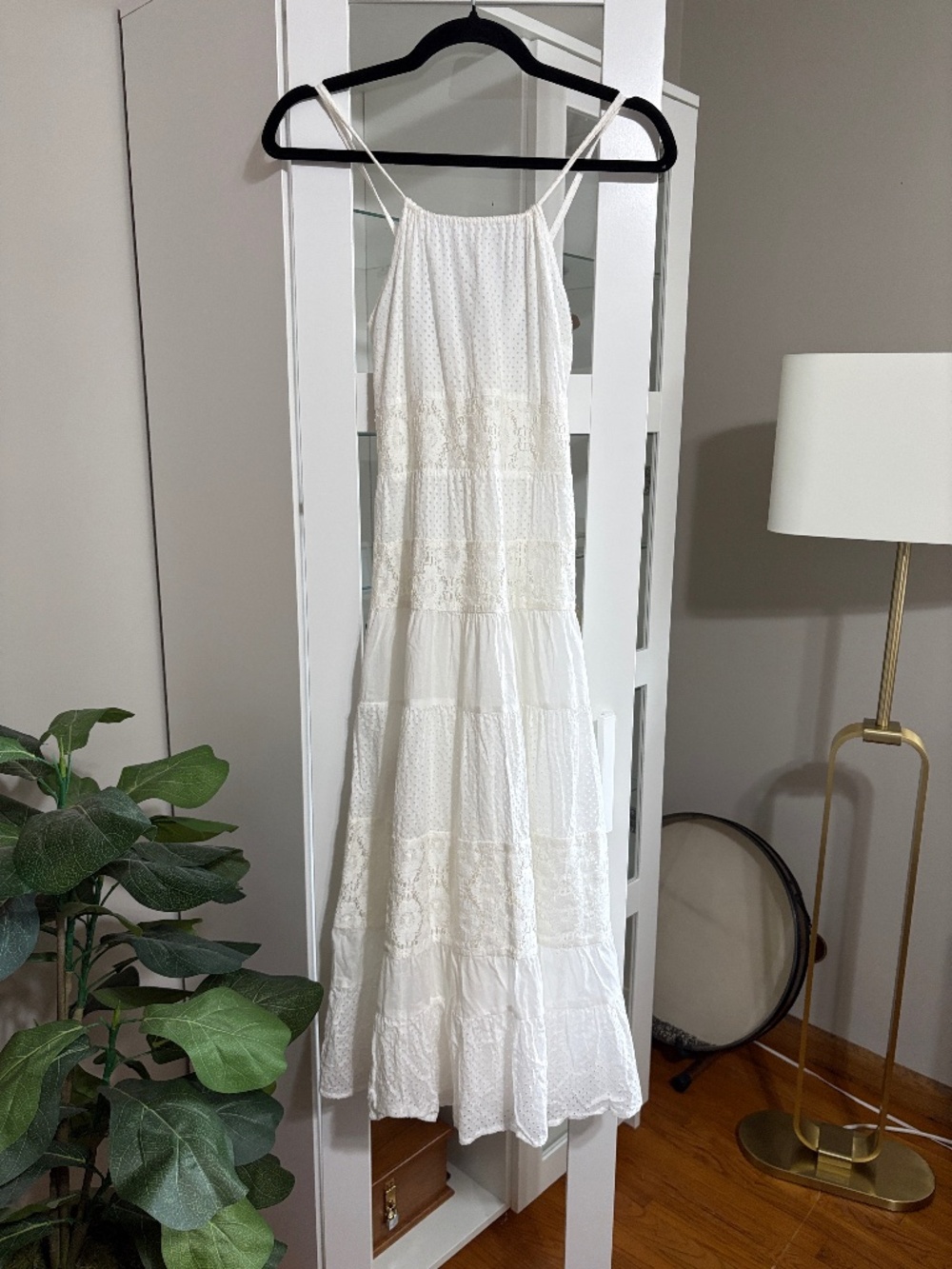 Free People White Lace Eyelet Cotton Halter Midi Dress size Small